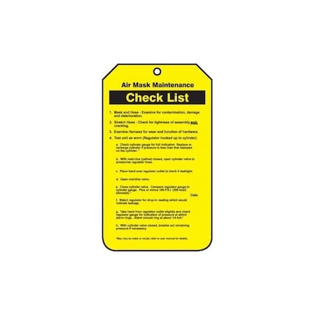 Accuform Safety Tags, AIR MASK MAINTENANCE CHECK LIST, 5.75in x 3.25in, RP-Plastic, 25PK TRS312PTP